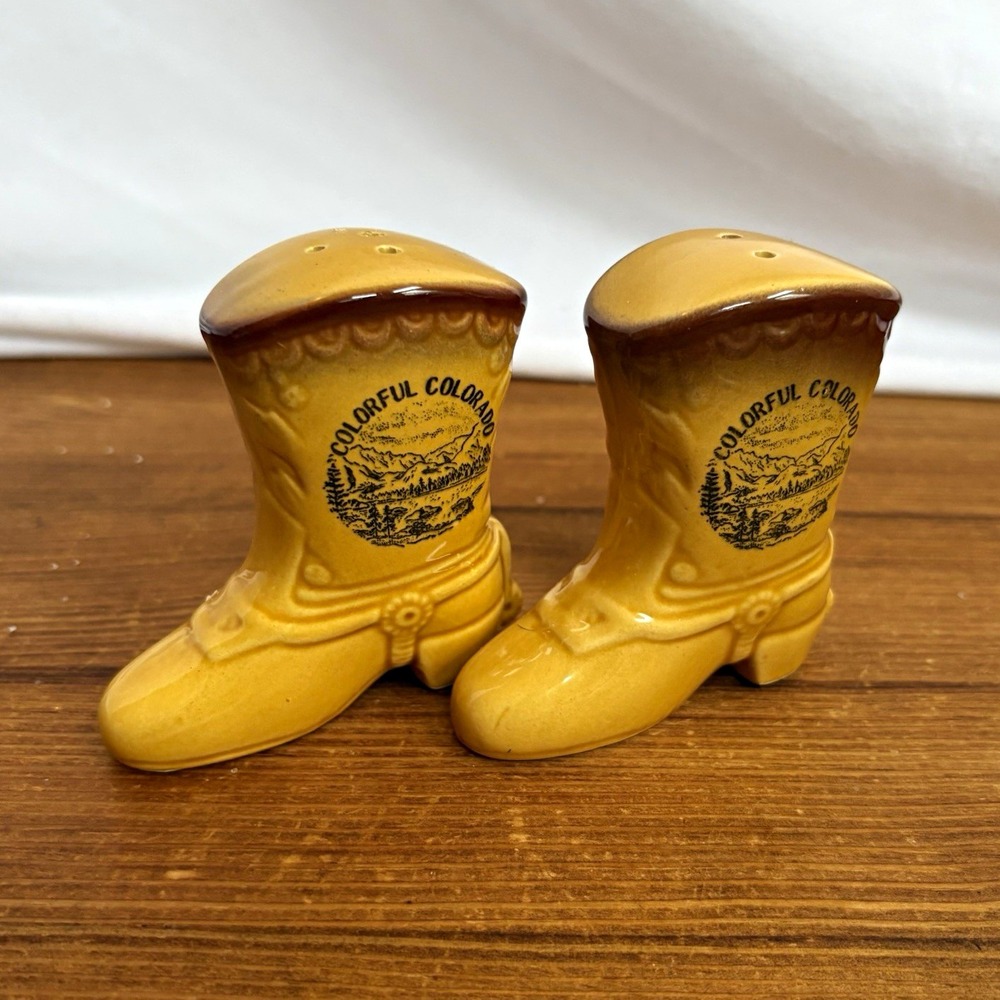 Vintage Colorado Boot Salt & Pepper Shakers Set Yellow/Brown Ceramic 3"